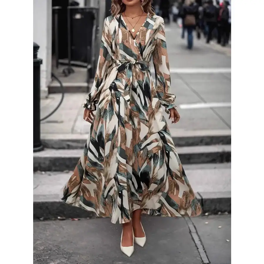 Printed Surplice Flounce Sleeve Maxi Dress