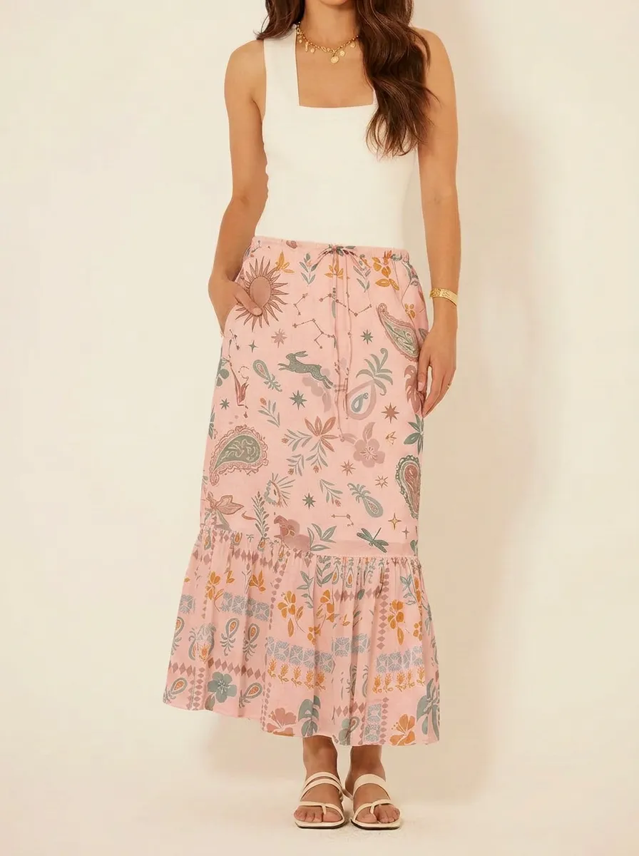 Women's Boho Celestial Rabbit Paisley Printed Midi Skirt