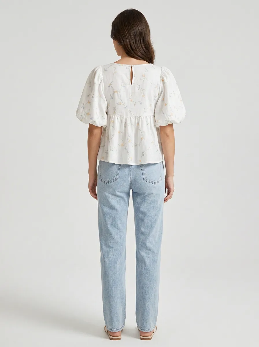 Embroidered Peplum Women's Puff-Sleeve Blouse