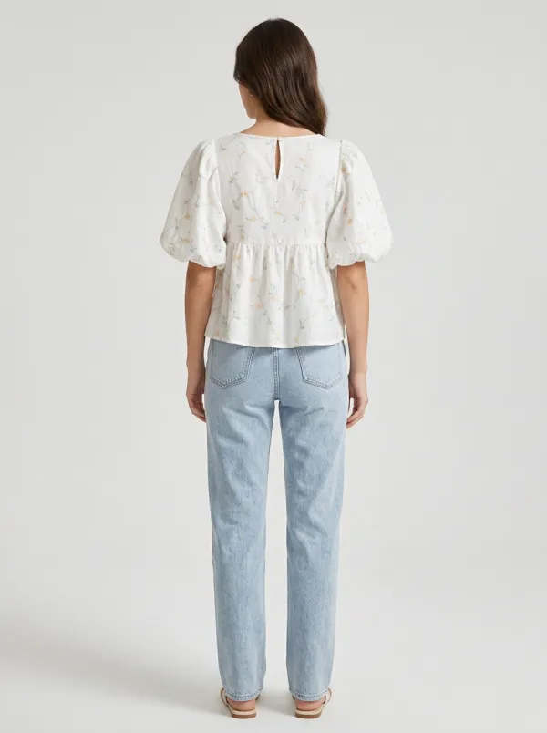 Embroidered Peplum Women's Puff-Sleeve Blouse