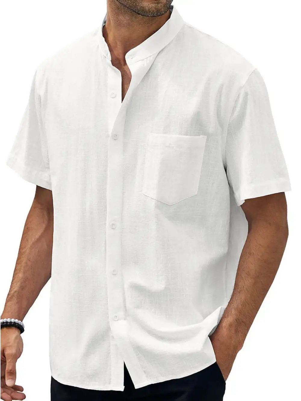 Cotton Linen Stand Collar Shirt