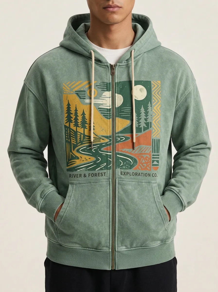 Men's Nature Lover River Forest Landscape Printed Zip Hoodie
