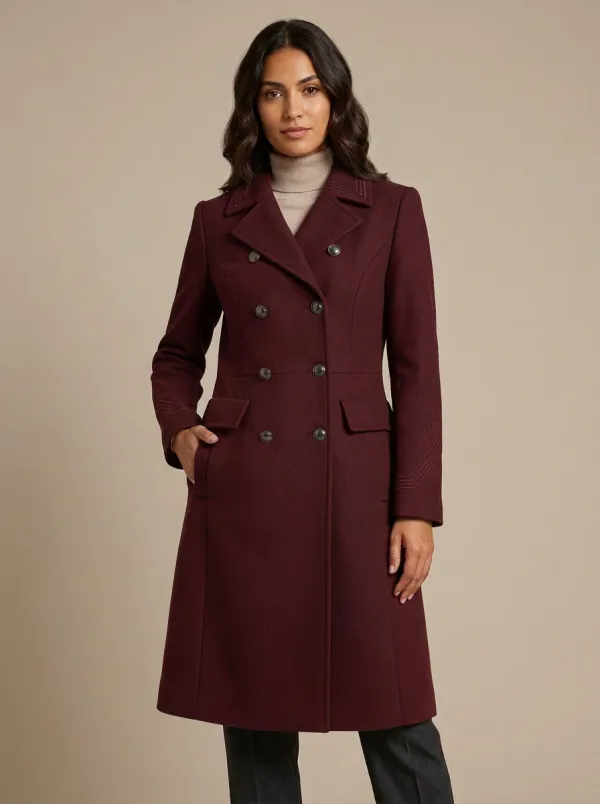 Women's Military Style Navy Double-Breasted Embroidered Wool Coat