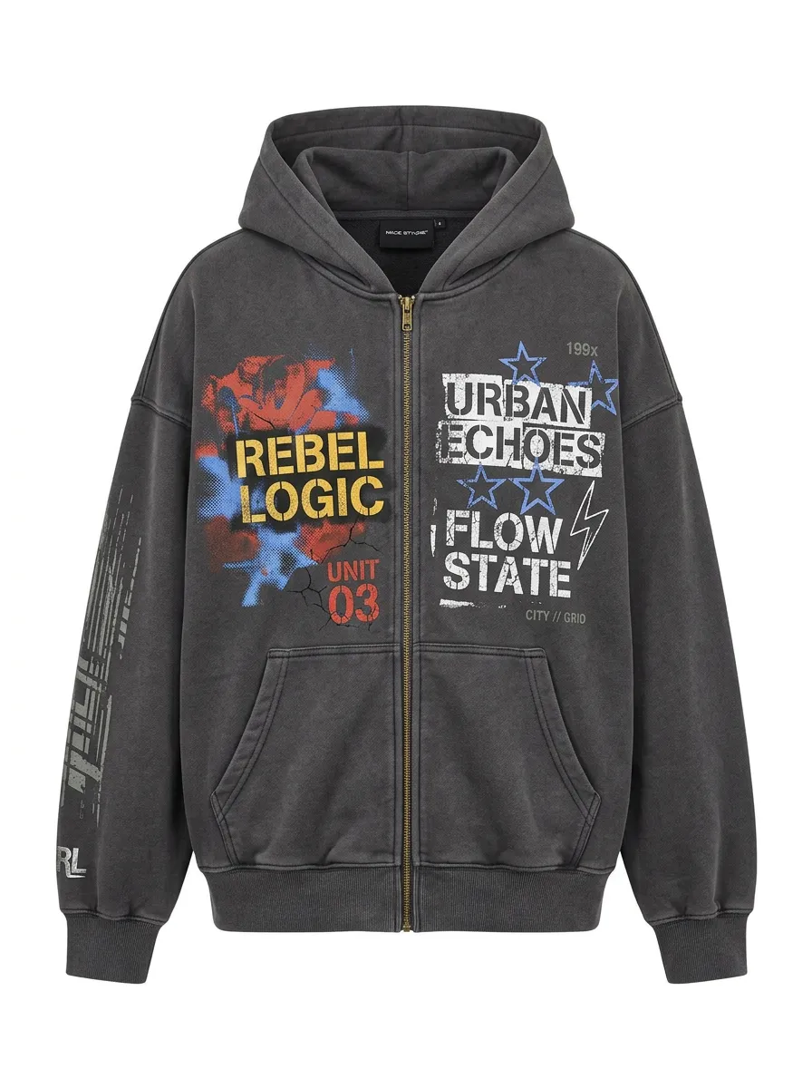 Unisex Streetwear Rebel Logic Urban Echoes Printed Zip-up Hoodie