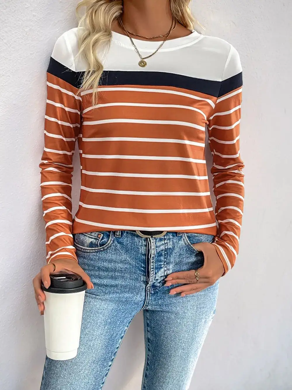 Contrast Striped Round Neck Long Sleeve T-Shirt