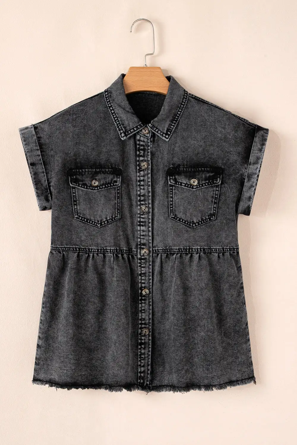 Button Front Short Sleeve Raw Hem Shirt Blouse