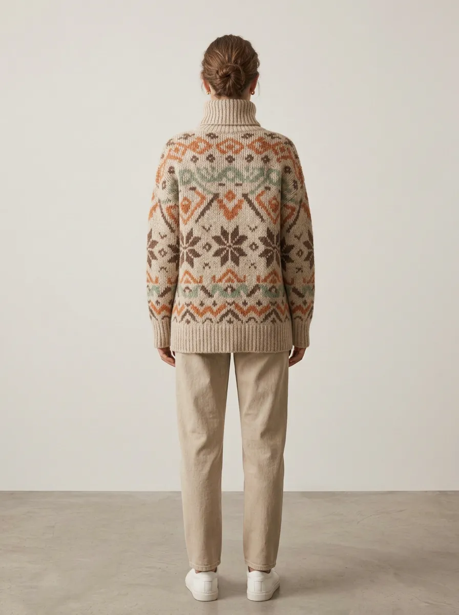 Women's Winter Nordic Snowflake Geometric Printed Turtleneck Sweater