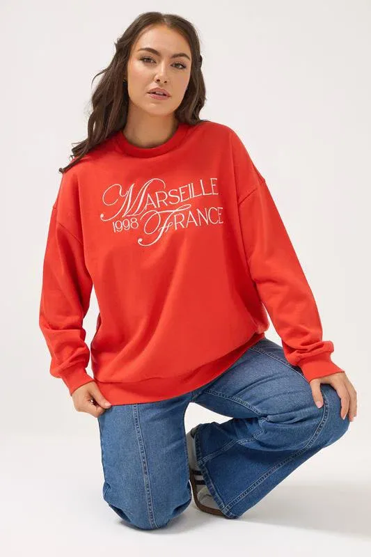 Red Embroidered 'Marseille France' Sweatshirt
