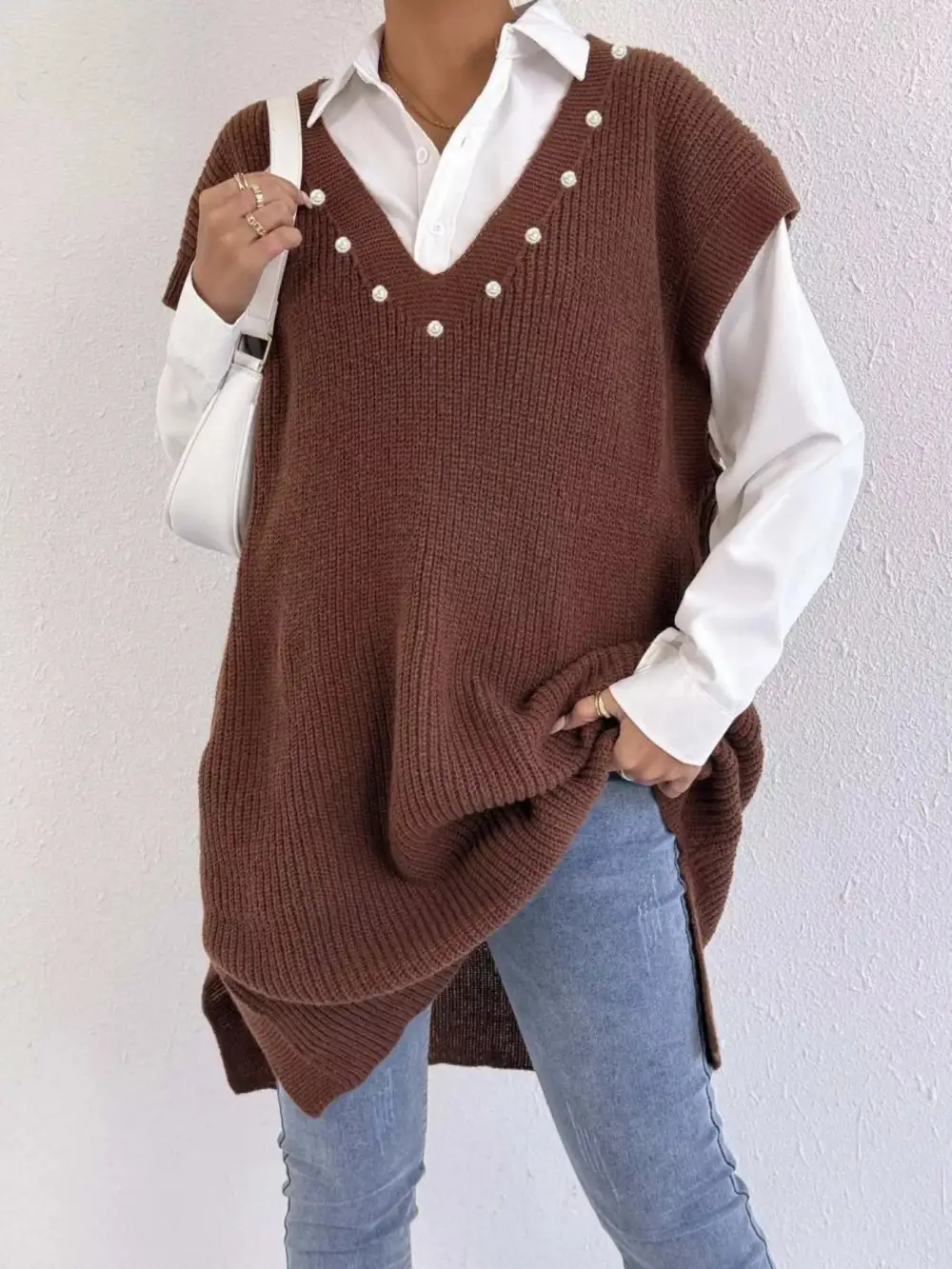 V Neck Slit Sweater Dress