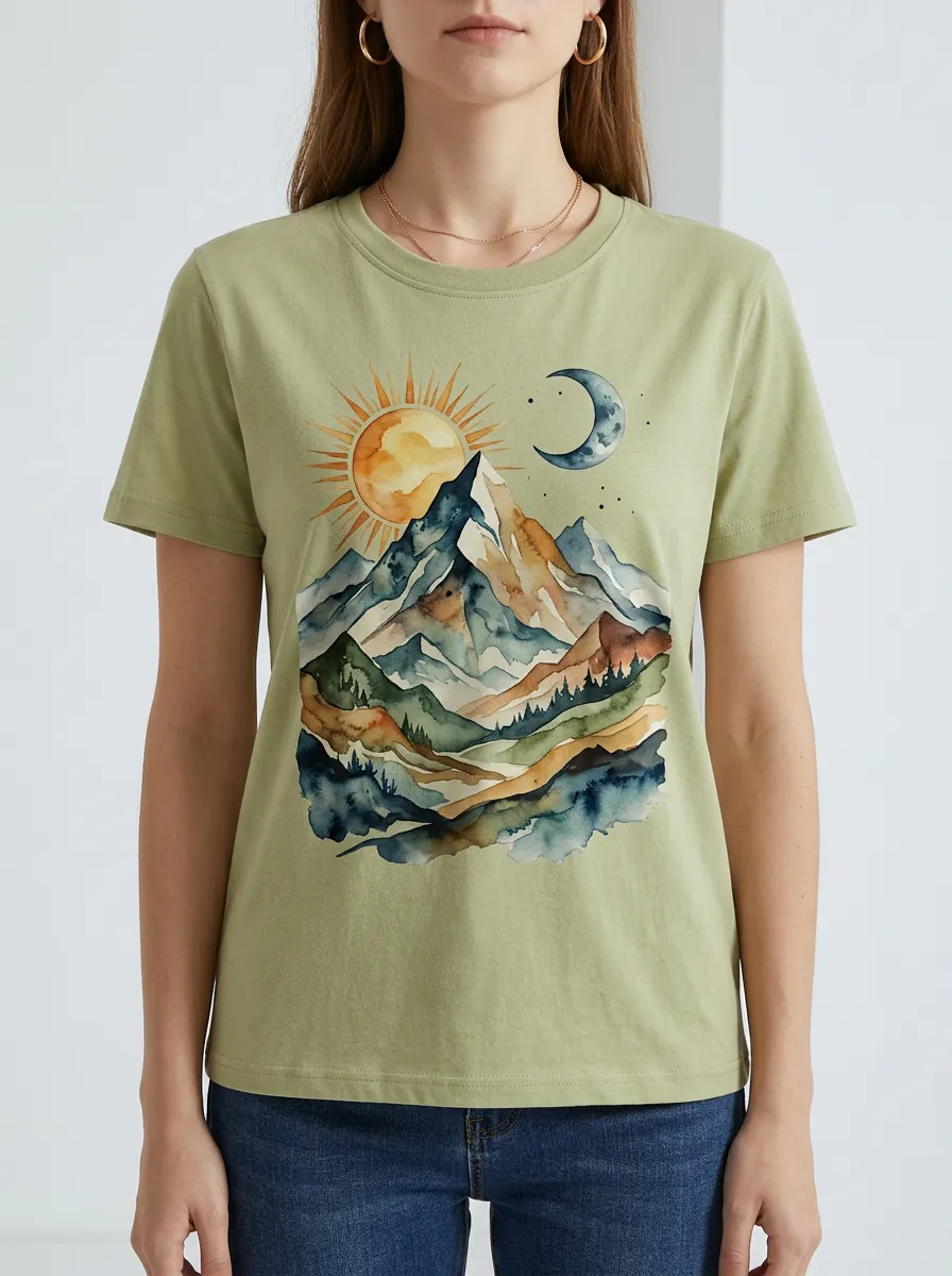 Women's Watercolor Mountain Moon Graphic T-Shirt