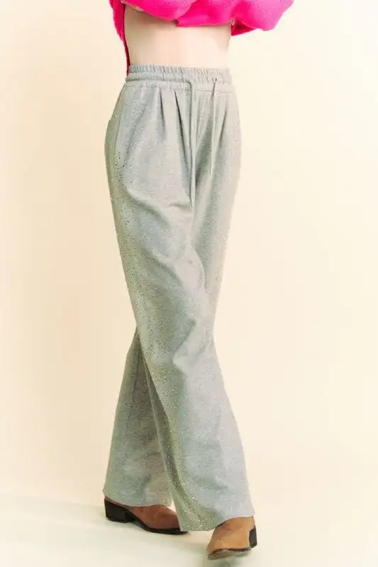 Rhinestone Elastic Waist Wide Leg Pants