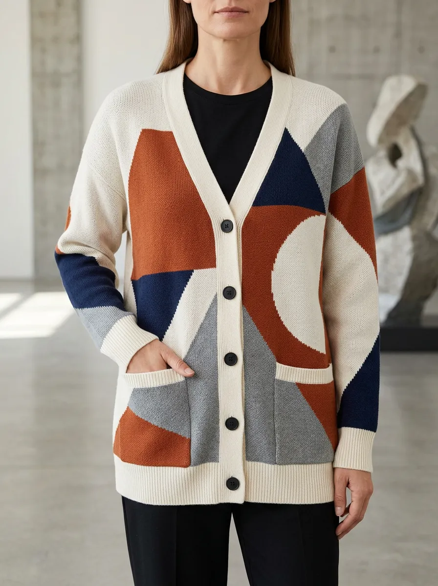 Women's Abstract Geometric Pattern Printed Patch Pocket Casual Layering Cardigan