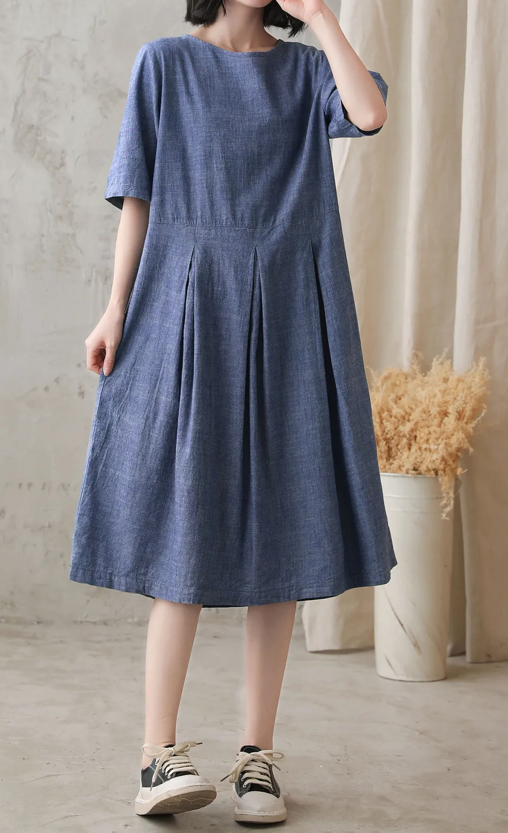Classic Linen Cotton Pleated Short Sleeve Midi Dress