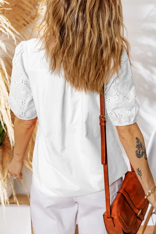 White Lace Crochet V Neck Blouse