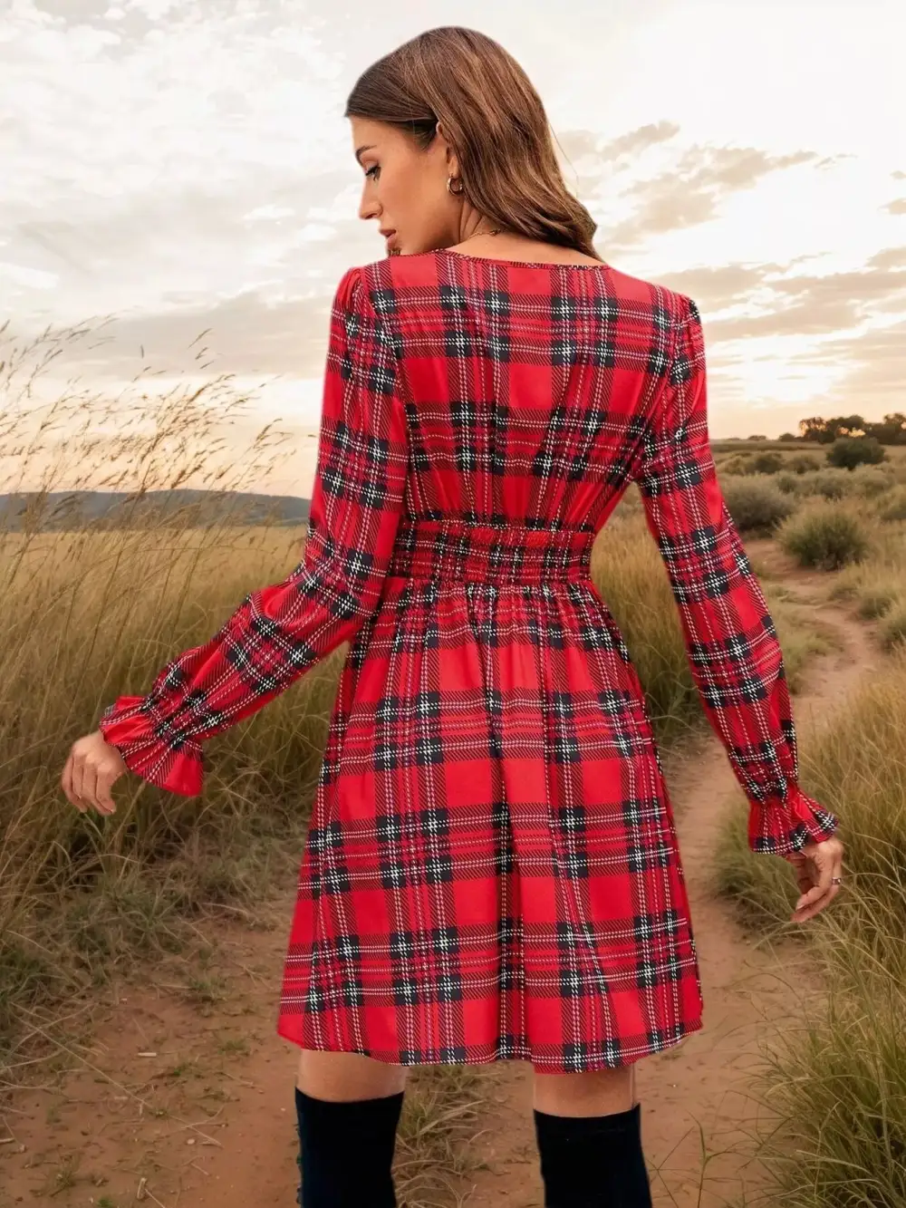 Plaid V Neck Mini Dress