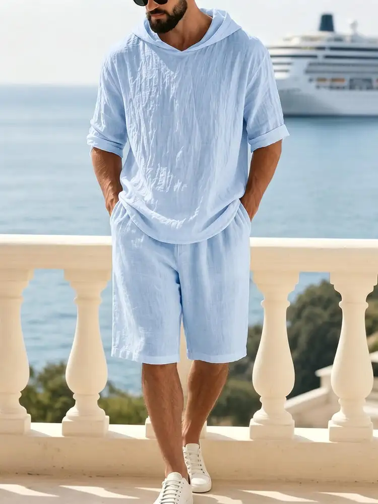 Washed Cotton Linen Hoodie Short Two Piece Set