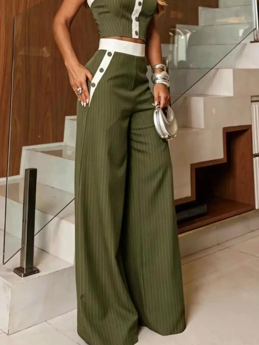 Striped Strapless Crop Top and Wide-leg Pants Set