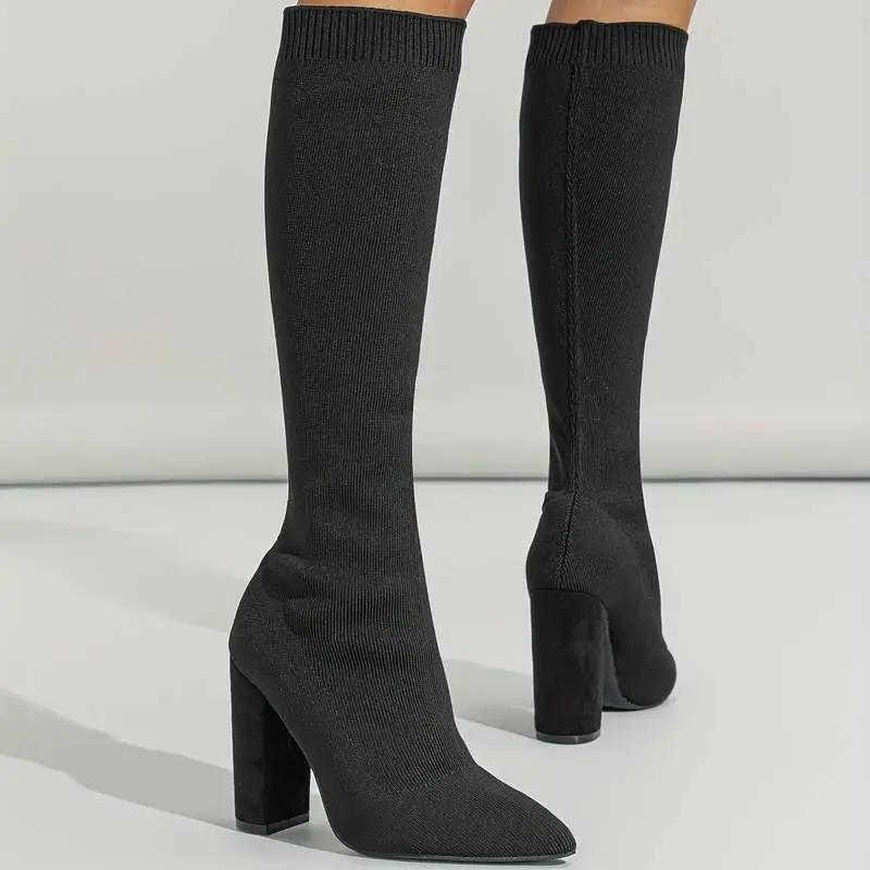Knit Knee High Sock Boots High Heeled Stretch Boots  Outfits