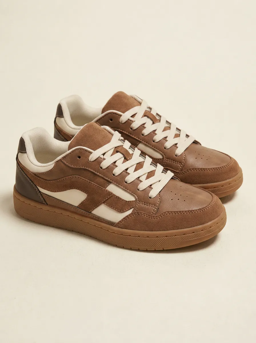 Women's Brown Suede Leather Colorblock Casual Sneakers