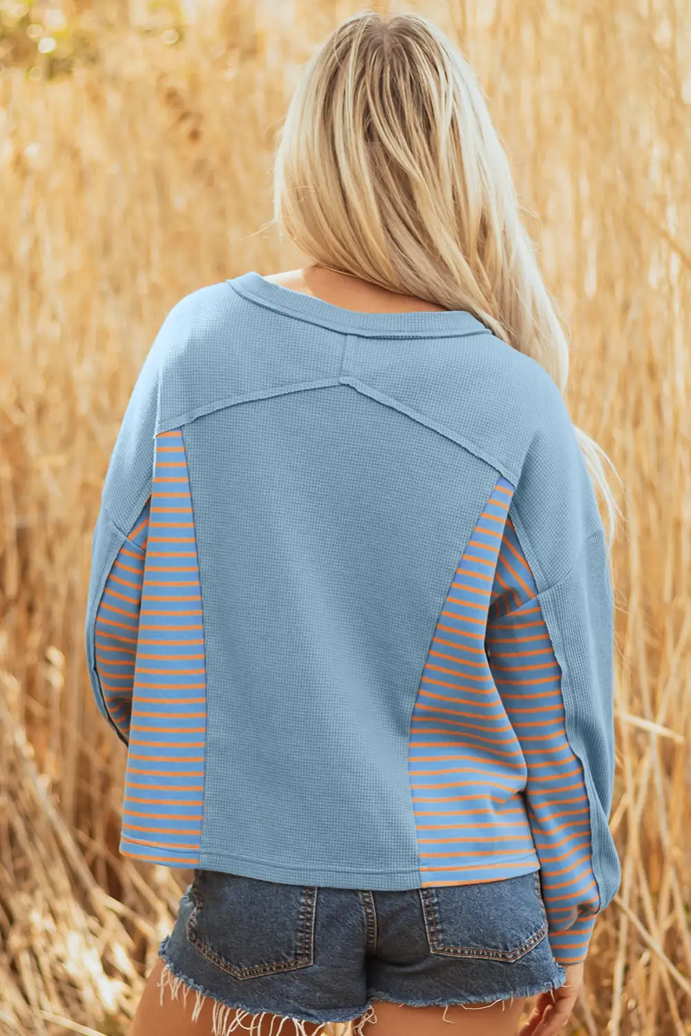 Women's Striped Waffle Knit Oversized Fit Pullover Top