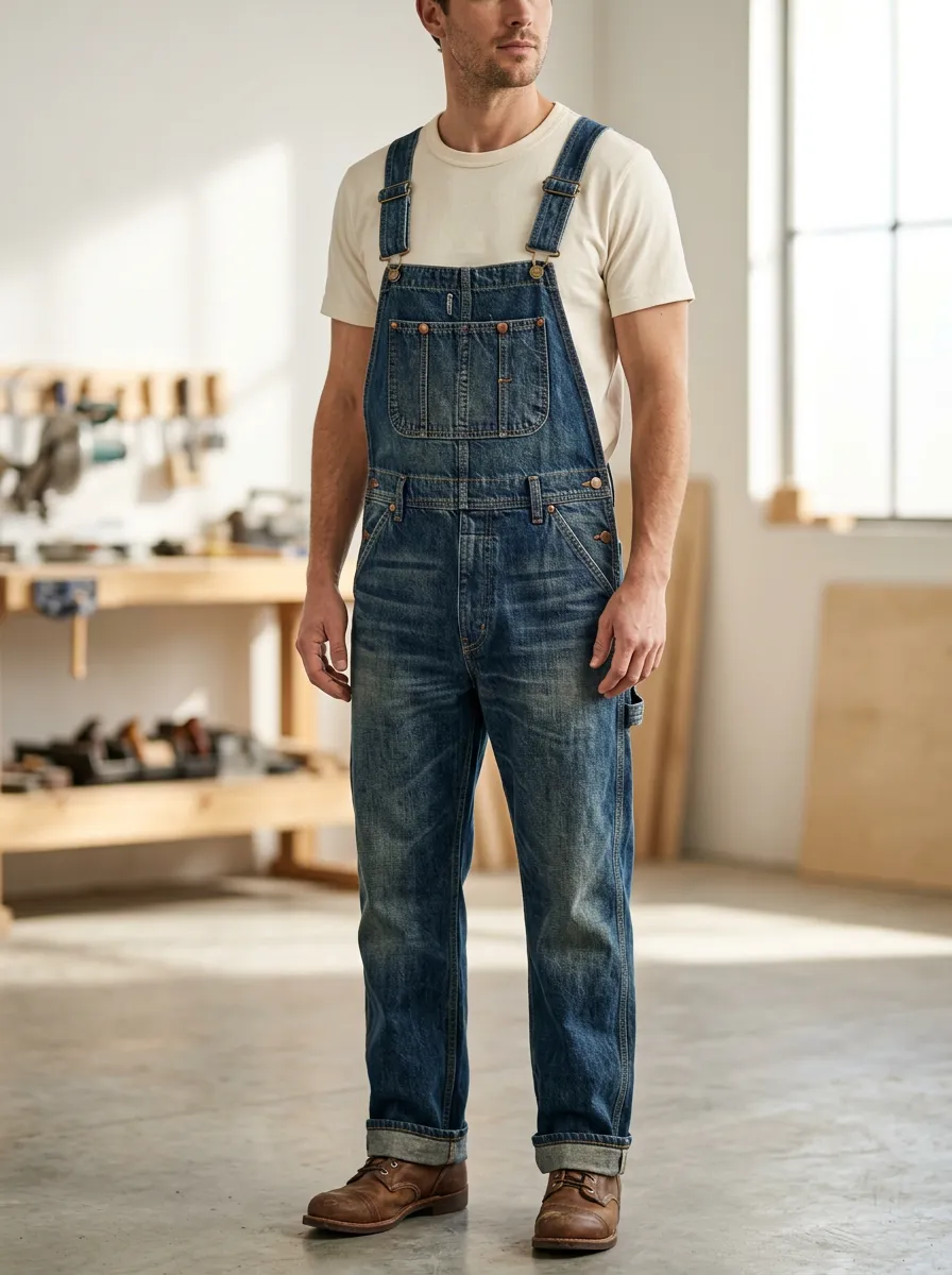 Men's Denim Overalls with Utility Loop and Faded Finish