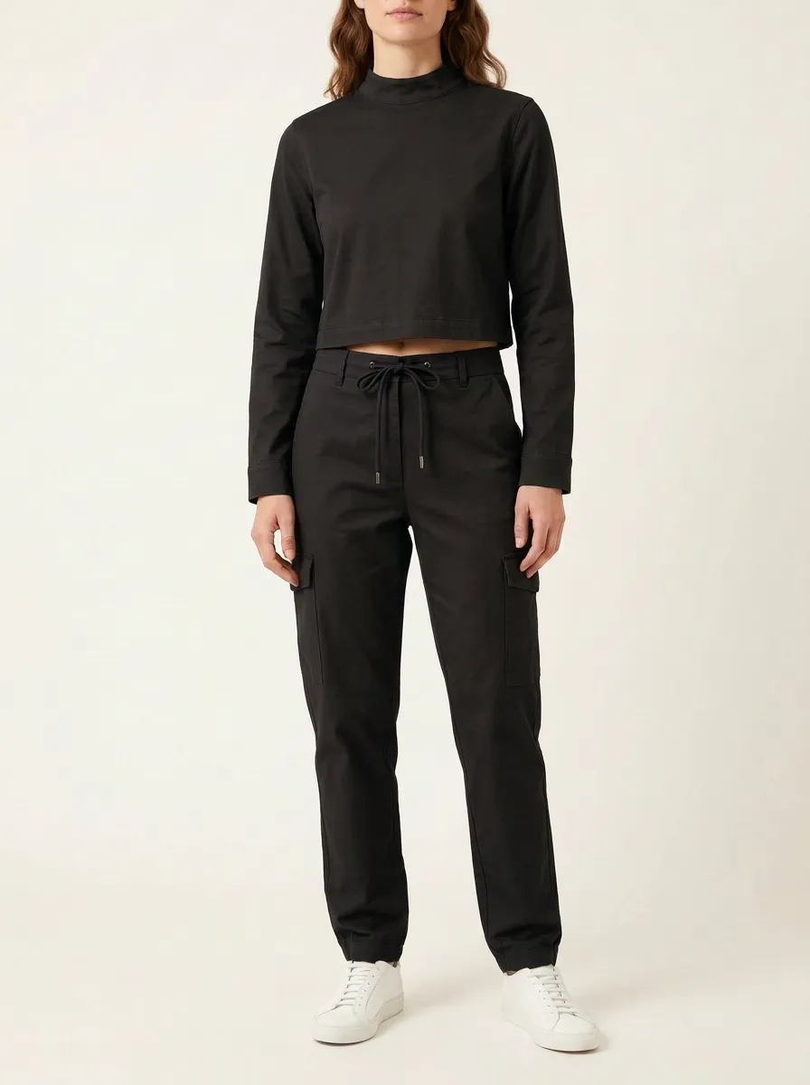 Women's Mock-Neck Crop Top and Flap-Pocket Cargo Jogger Set