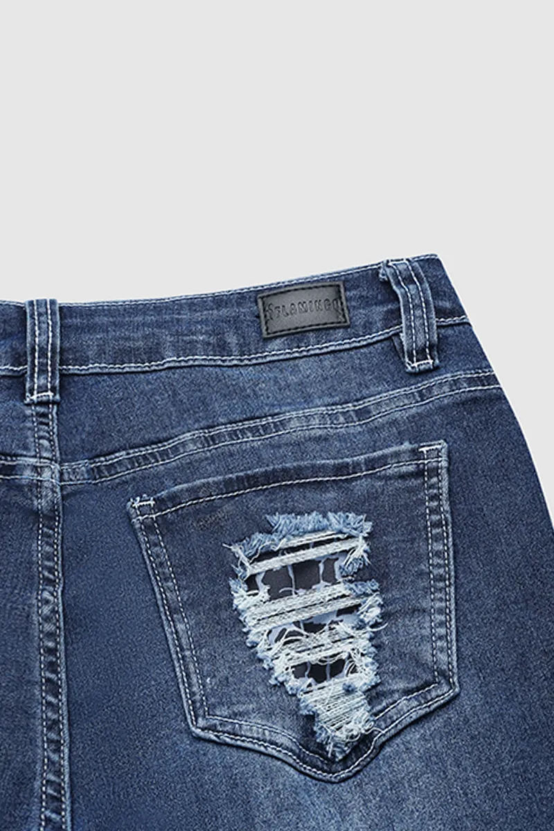 Vintage Stripe Print Ripped Mid Waist Jeans