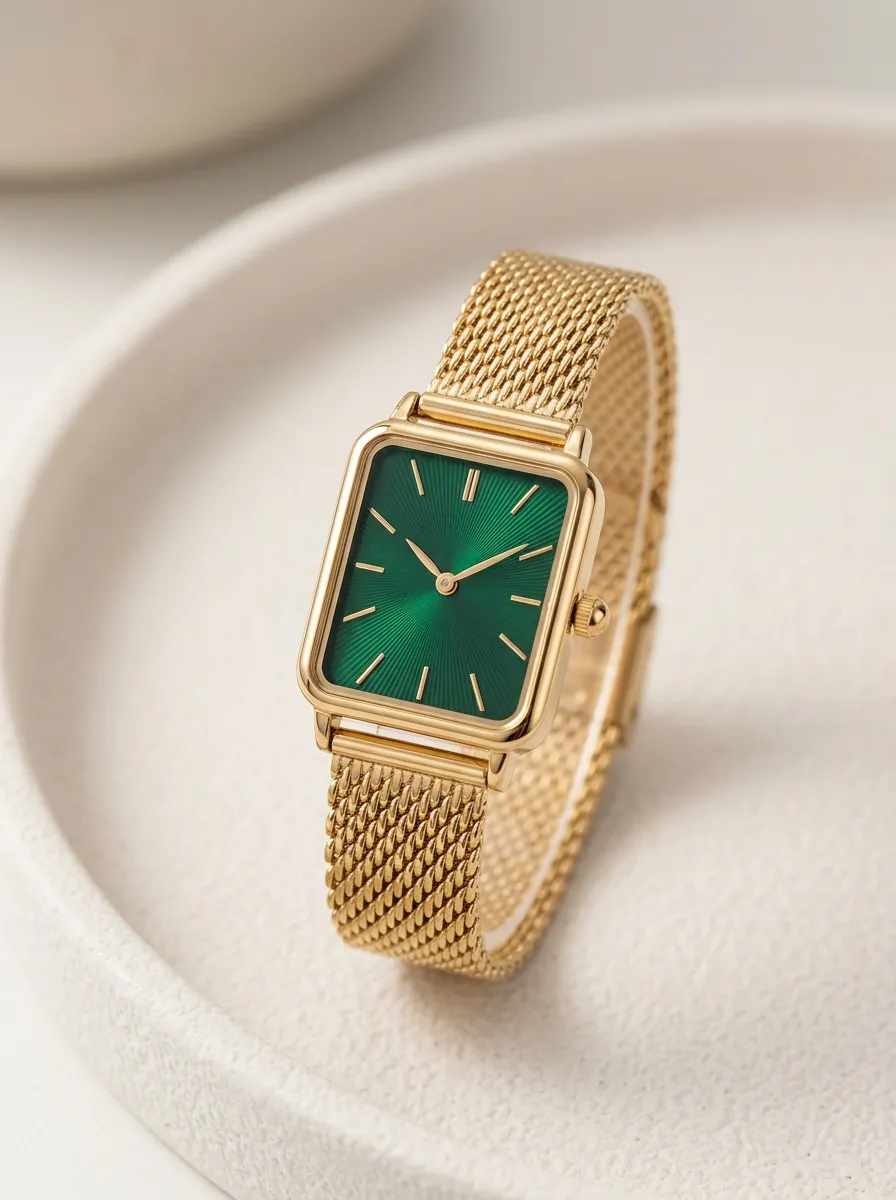 Gold-tone Rectangular Watch With Emerald Sunray Dial