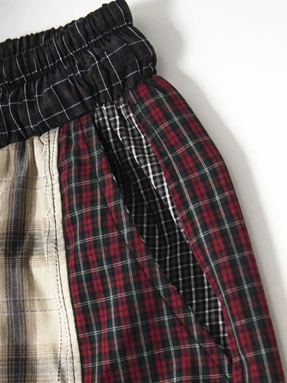 Wide-Leg Plaid Patchwork Pants
