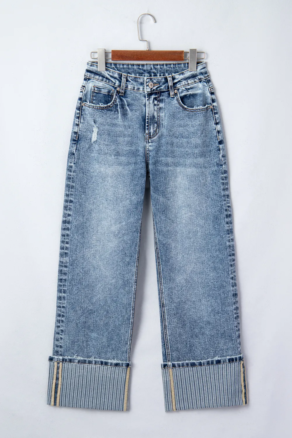 Washed Blue Cuffed Straight Jeans