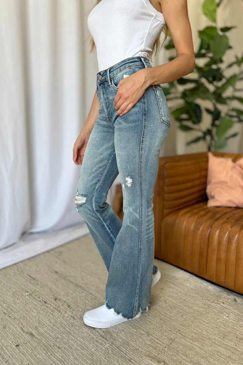 Rise Tummy Control Destroy Flared Denim Jeans