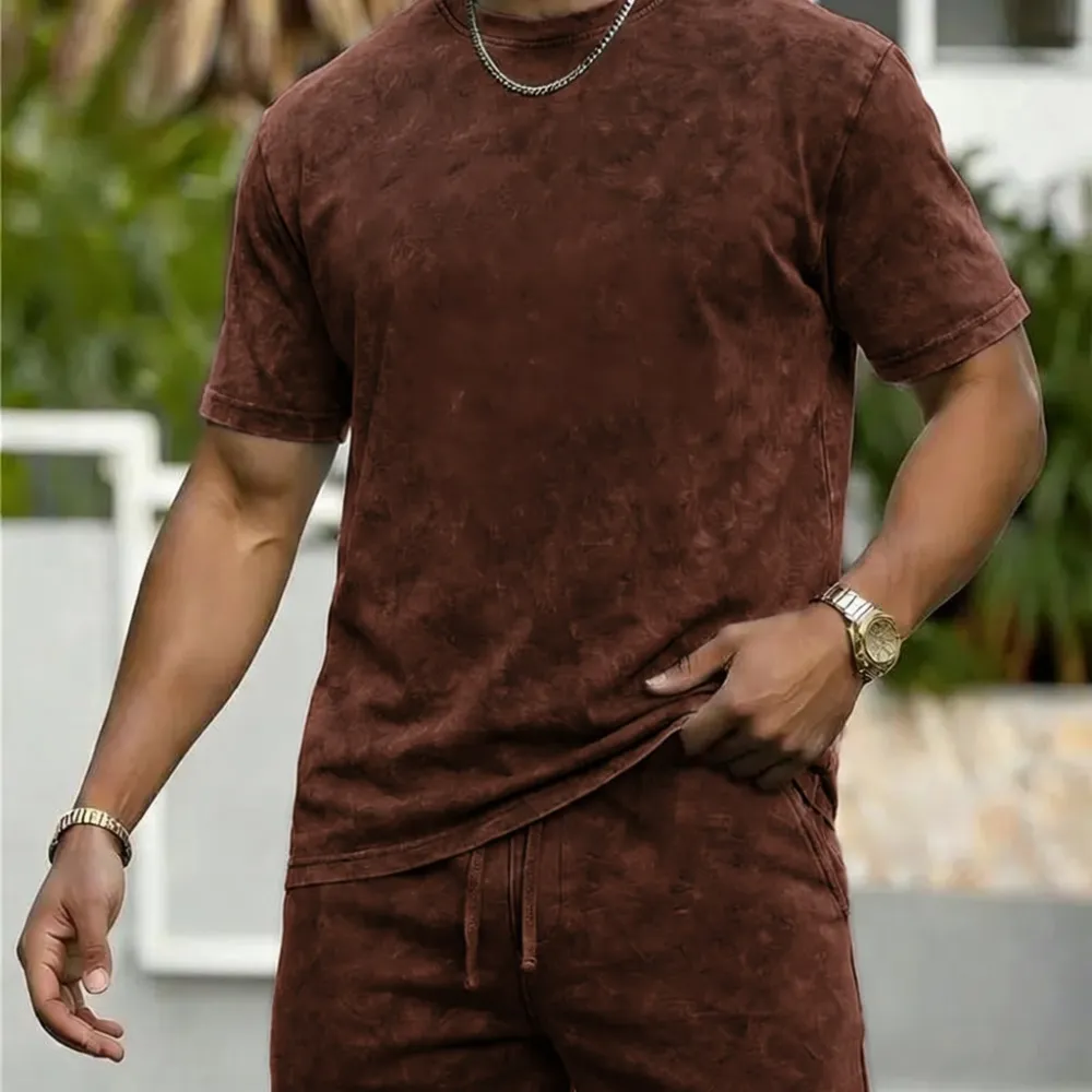 Men's vintage-wash short-sleeve crew-neck T-shirt and drawstring-waist casual shorts