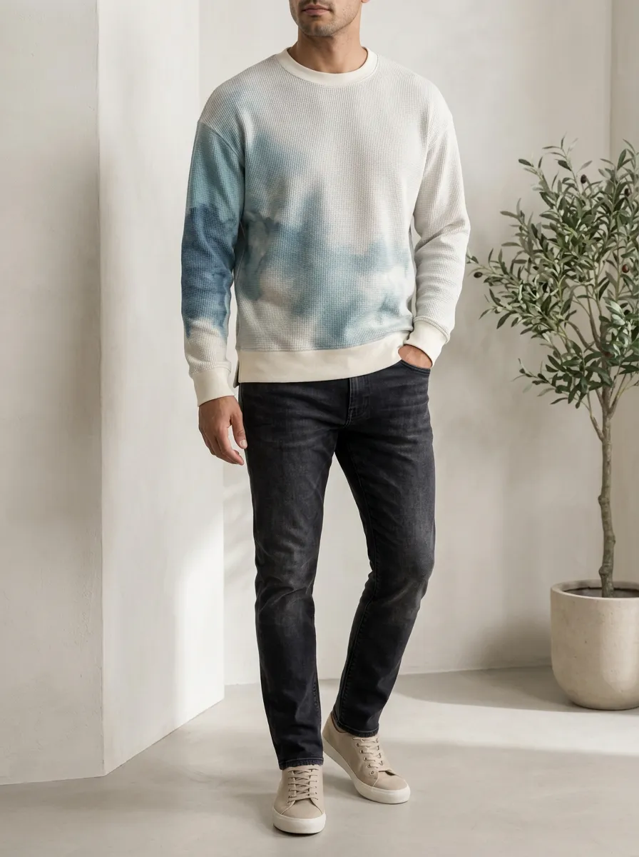 Men's Blue Tie-Dye Waffle Knit Crewneck Printed Sweatshirt