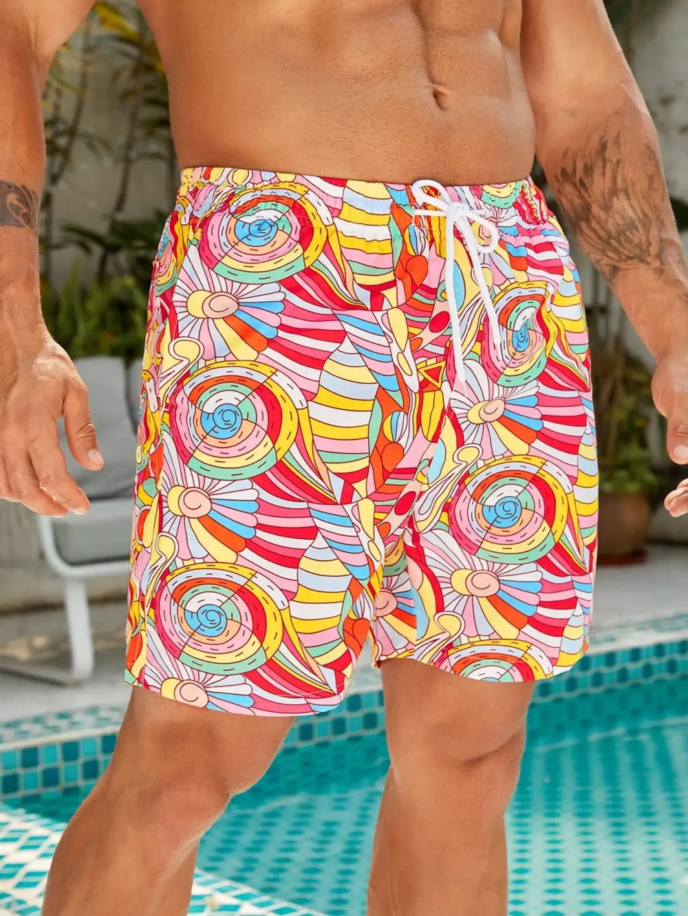 Men's Pocket Allover Print Drawstring Beach Shorts