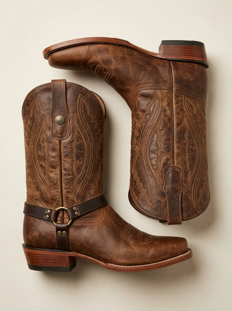 Men's Heritage Western Brown Leather Embroidered Harness Boots