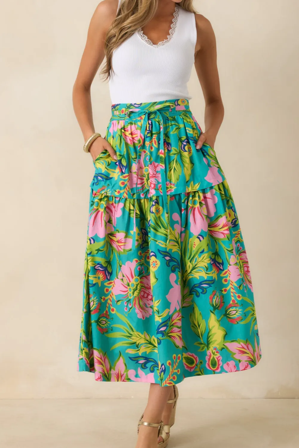 Jade Tropical Floral Cotton Midi Skirt