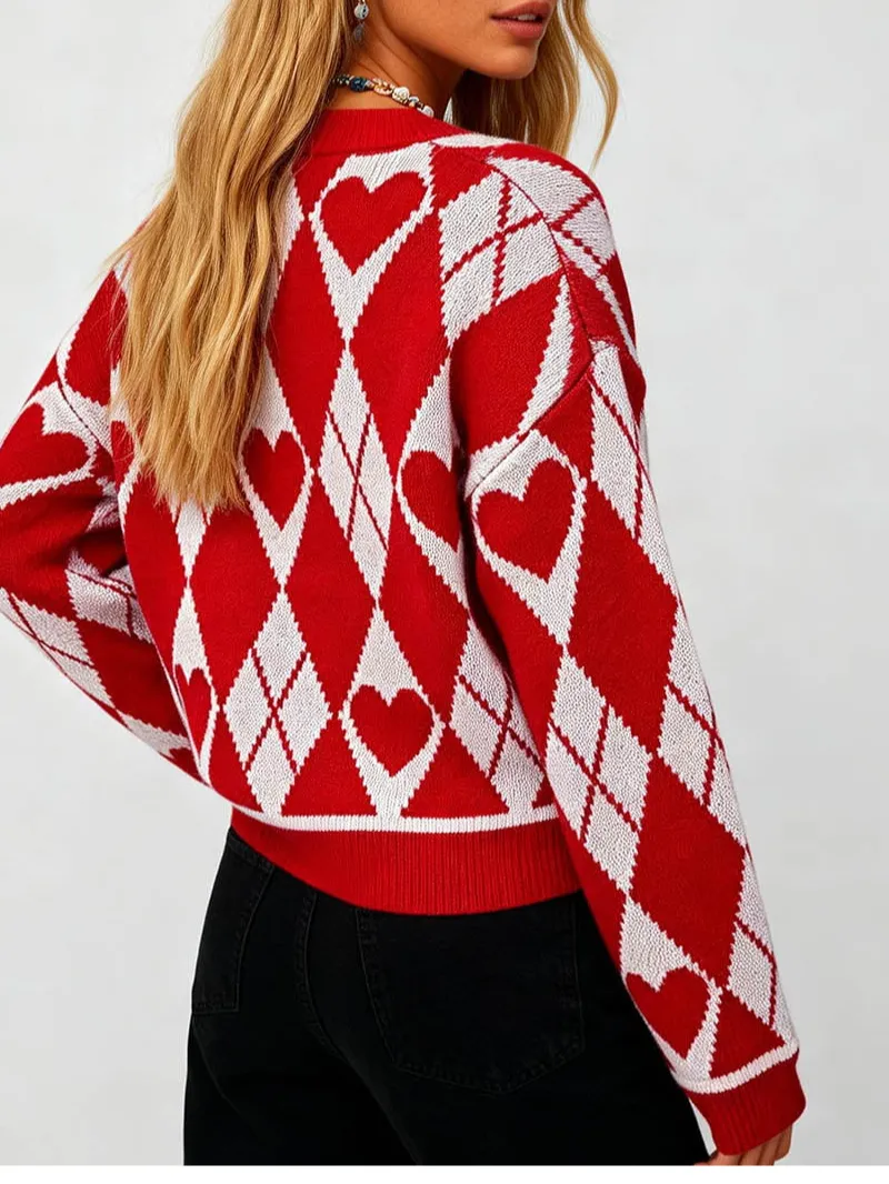 Valentine Heart Graphic Round Neck Knit Cardigan