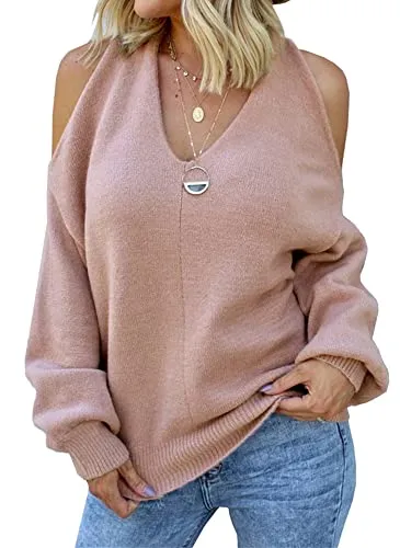 Women's Cold Shoulder Oversized Sweaters Batwing Long Sleeve Square Neck Chunky Knit Fall Tunic Sweater Tops