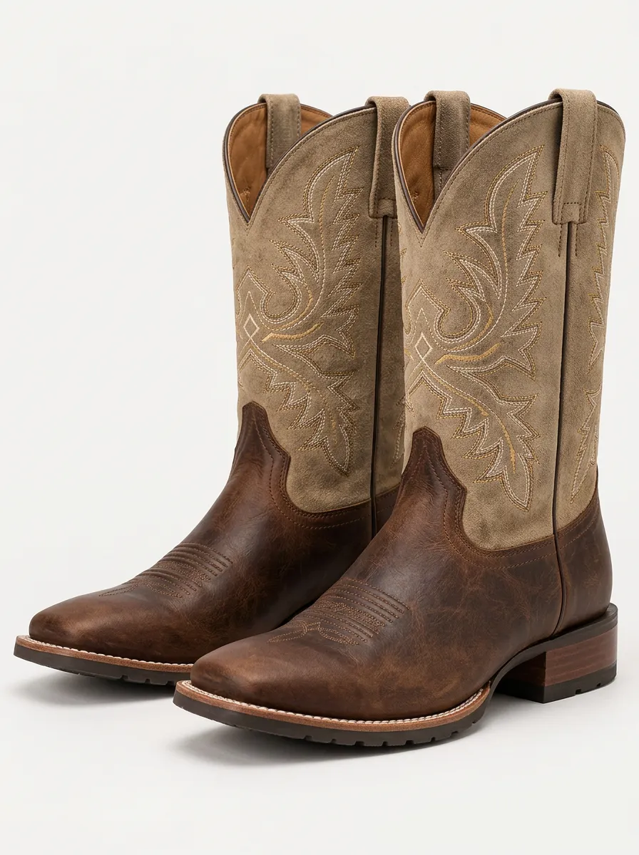 Men's Cowboy Boots in Red with Suede and Embroidered Detail