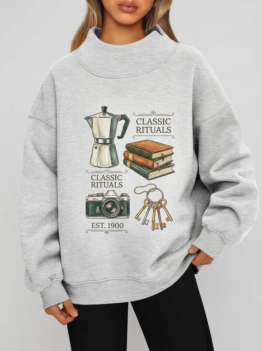 Women's Coffee Book Camera Keys Graphic Sweatshirt