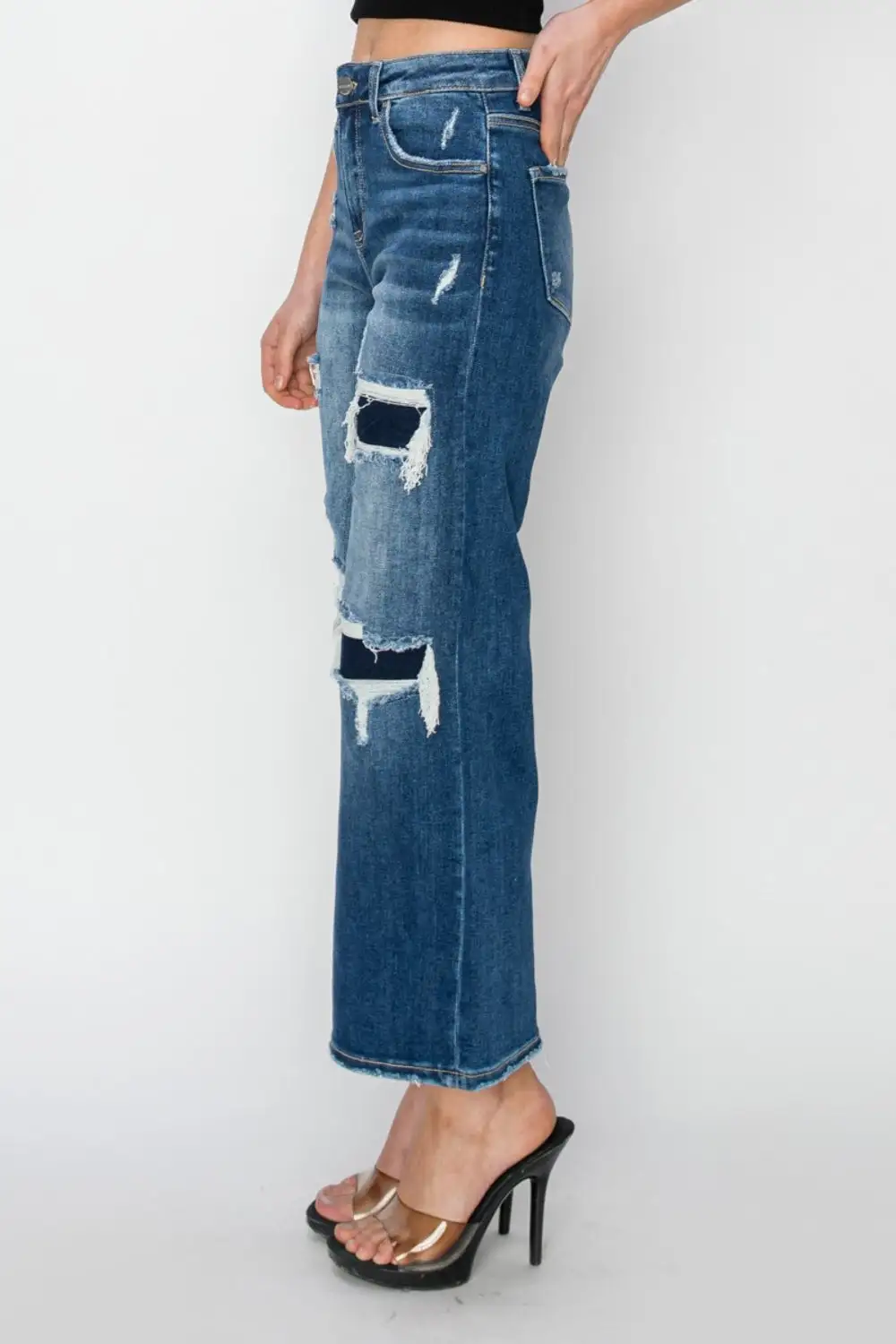 High Rise Patch Detailed Wide Leg Denim Jeans
