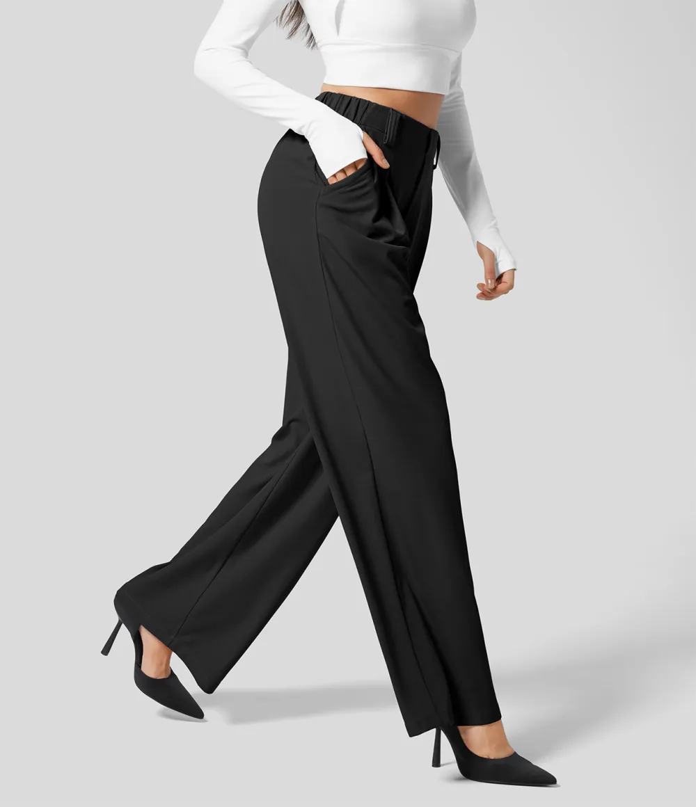 2026🔥  High Waisted Plicated Side Pocket Wide Leg Waffle Work Pants