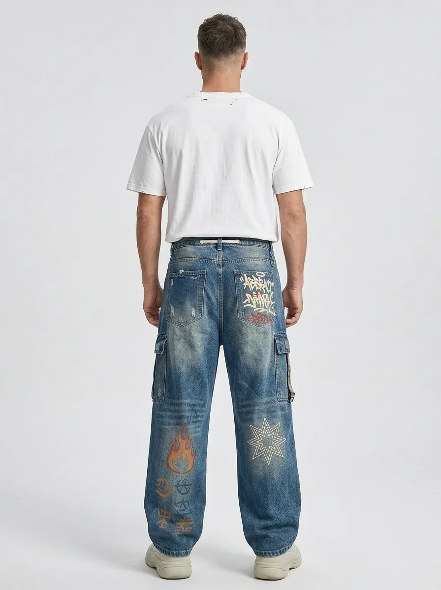 Unisex Streetwear Graffiti Star Flame Baggy Jeans