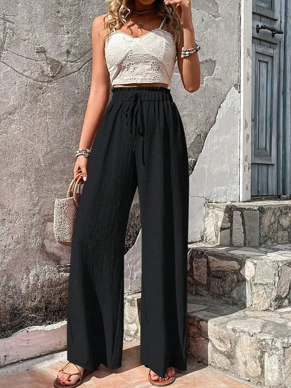Bubble-Hem Woven Summer Wide-Leg Pants
