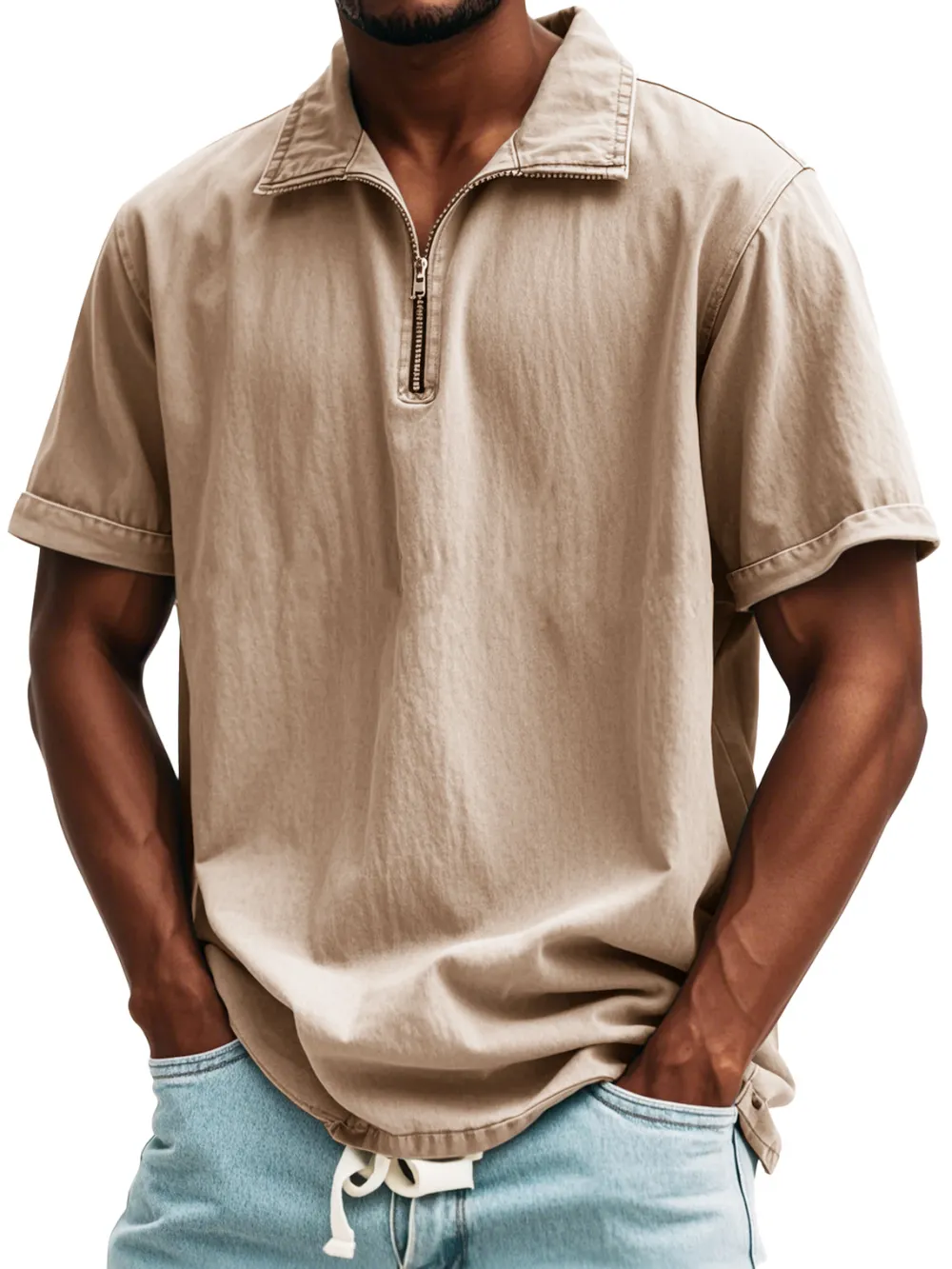 Relaxed Short Sleeve Stand Collar Zip Front Shirt