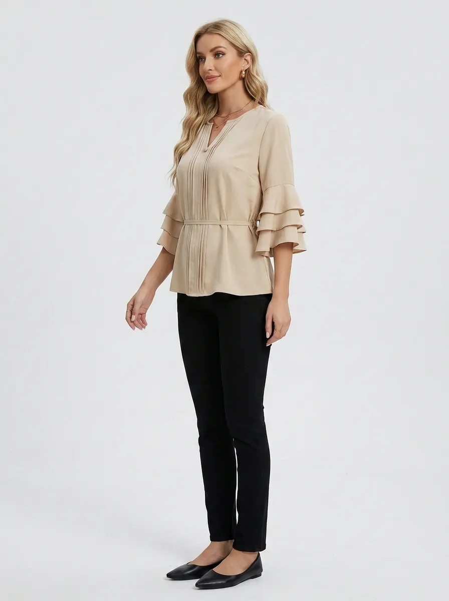 Pleated Ruffle Sleeve Blouse
