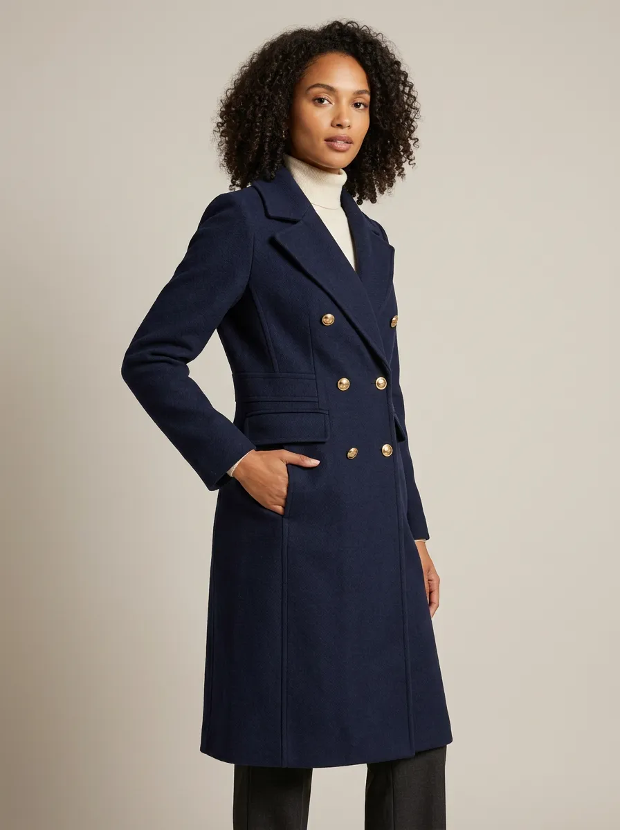 Women's Navy Blue Double-Breasted Gold Button Wool Coat