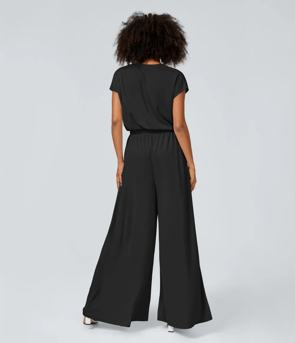 V Neck Short Sleeve Side Pocket Wide Leg Flowy Waffle Casual Jumpsuit