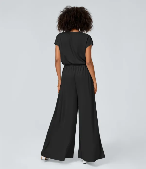 V Neck Short Sleeve Side Pocket Wide Leg Flowy Waffle Casual Jumpsuit