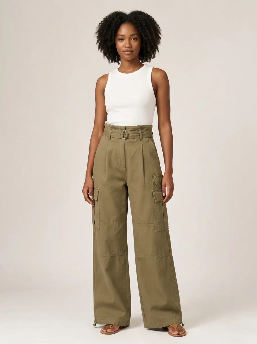 Women's Casual Boho Sun Embroidered Printed Cargo Pants